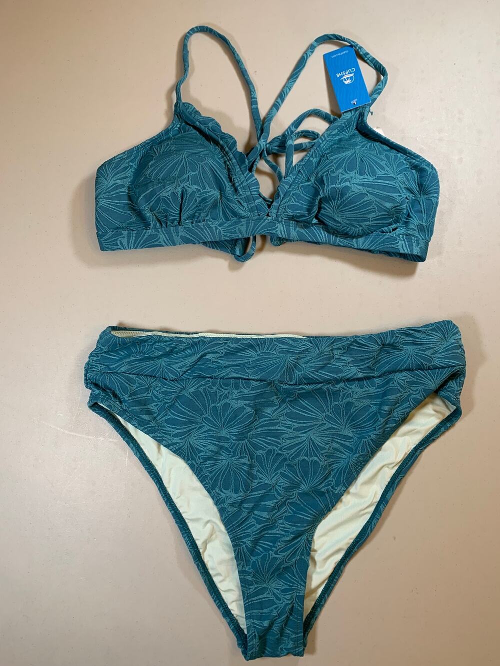 NWT Cupshe Teal Leaf Print Lace Up Bikini Set Size XL